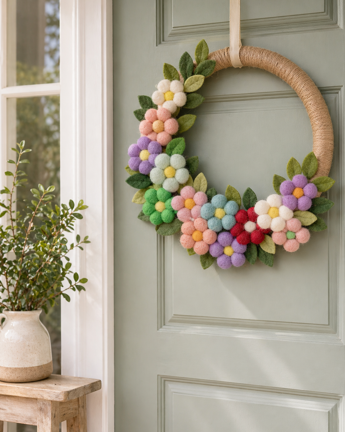 Spring door wreath with felt peonies and leaves styled in a light entryway